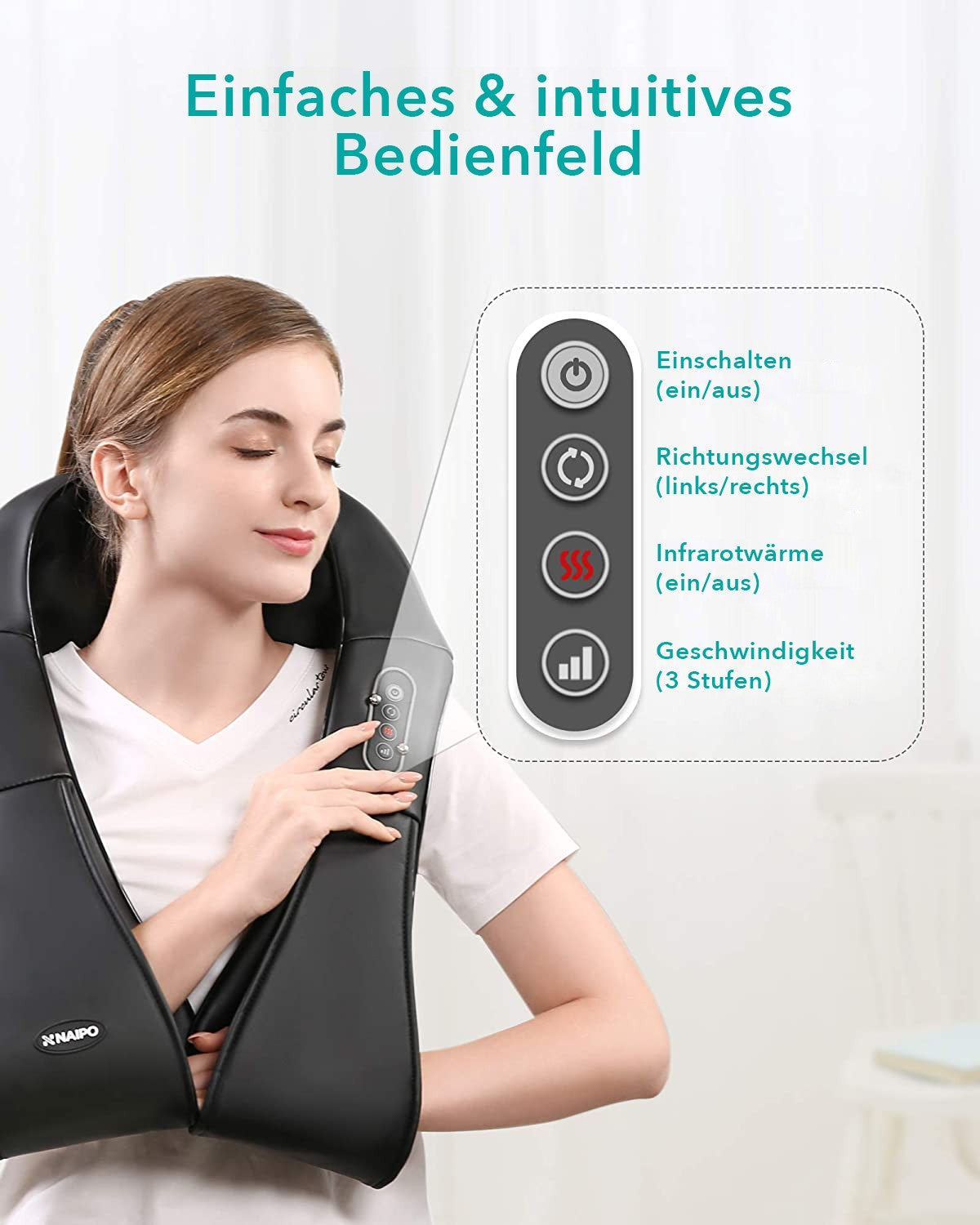 NAIPO Massagegerät Shiatsu, für Nacken Rücken Schulter, Infrarotwärme, kabelgebunden - Neustes Modell